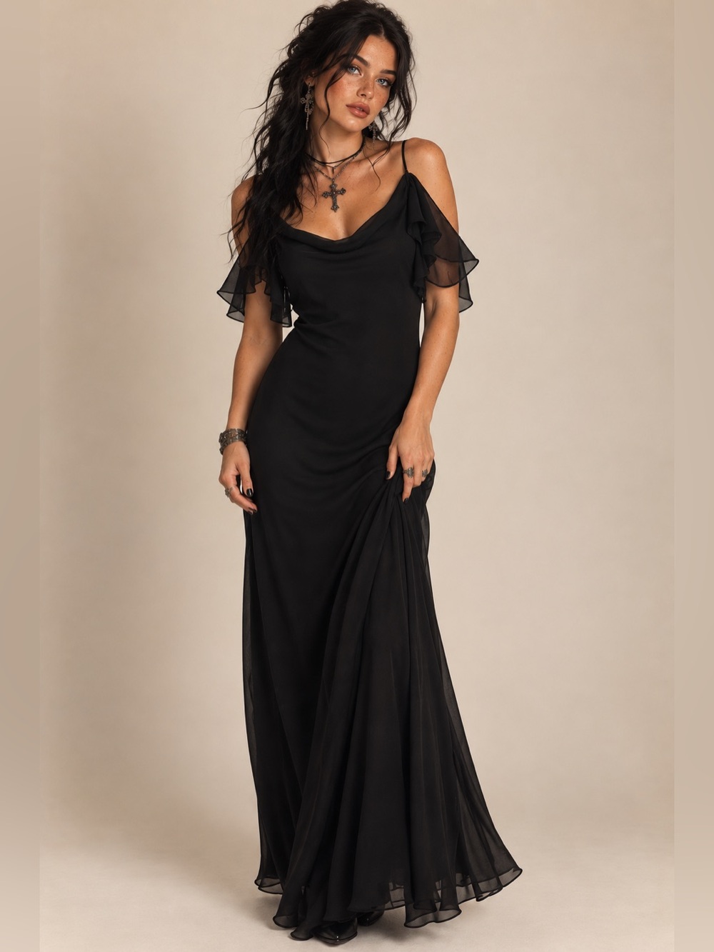Vintage 90s Cachet Black Chiffon Ruffle Maxi Evening Gown Dress Size 6 Old Glam